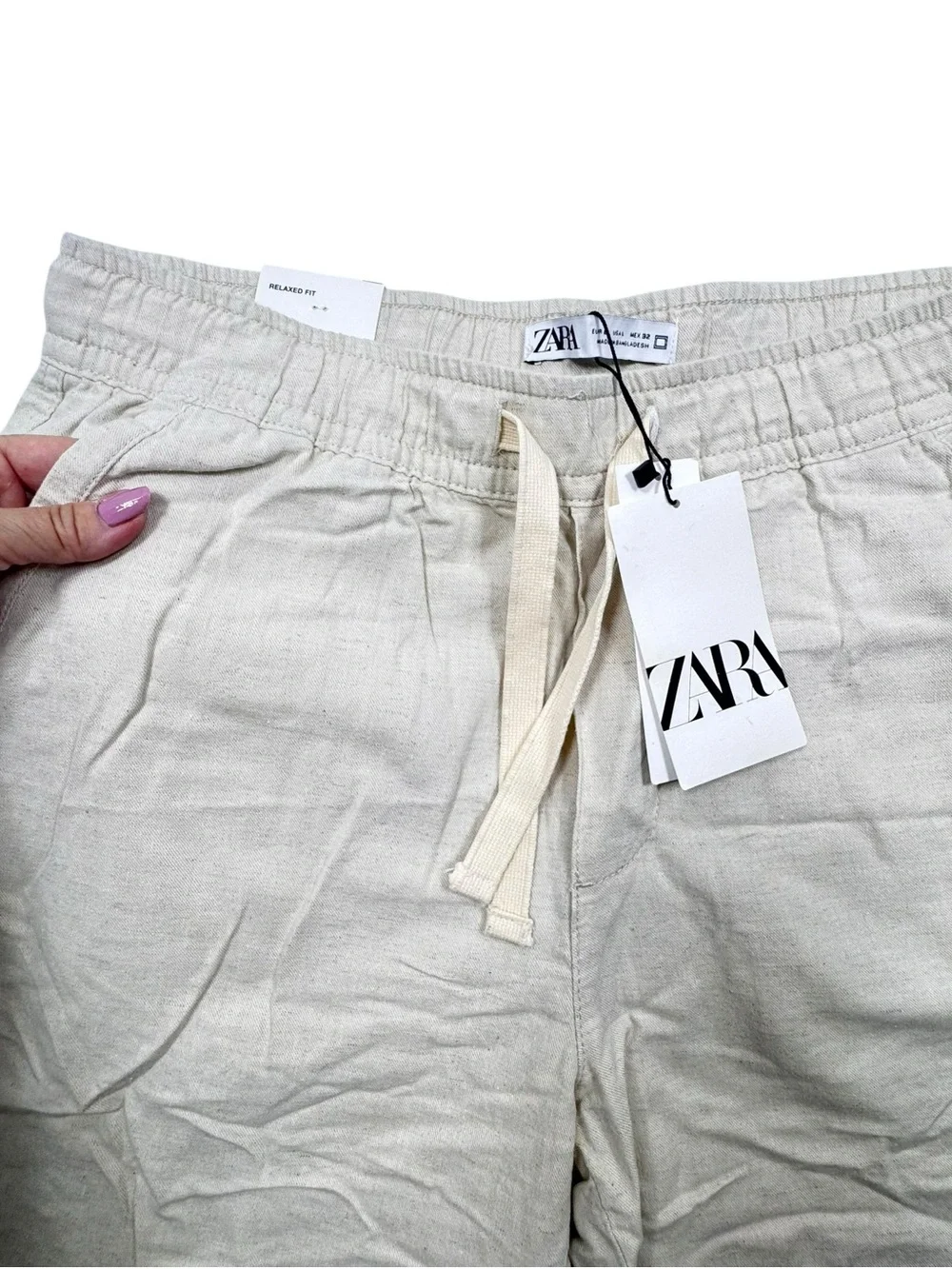 Zara Beige Linen blend relaxed fit beach tie waist pants size Large NWT